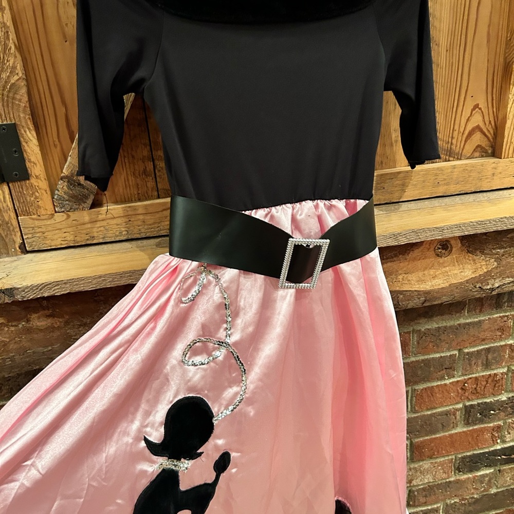 Girl’s Poodle skirt 60’s costume pink/black with sash size 8/10 - Picture 2 of 4